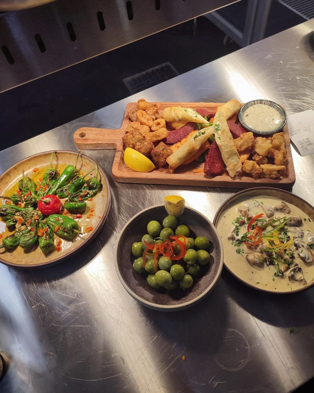 Mezze boards of salads, olives and vegetable dishes